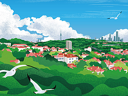 从小鱼山看青岛全景插画