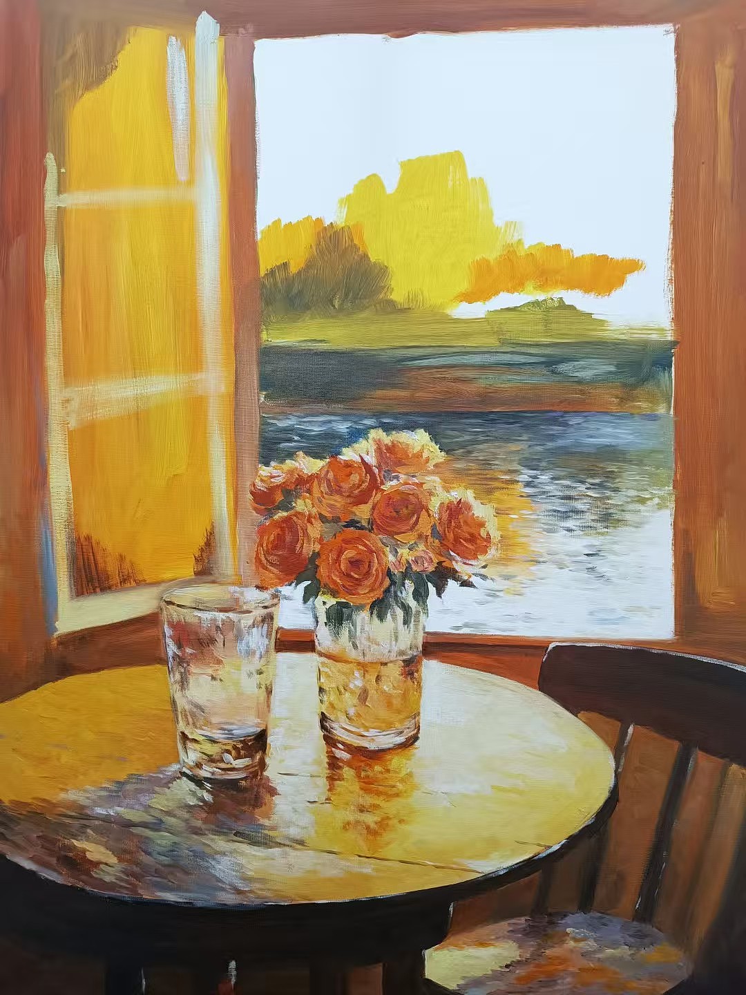 窗台边的黄色玫瑰花