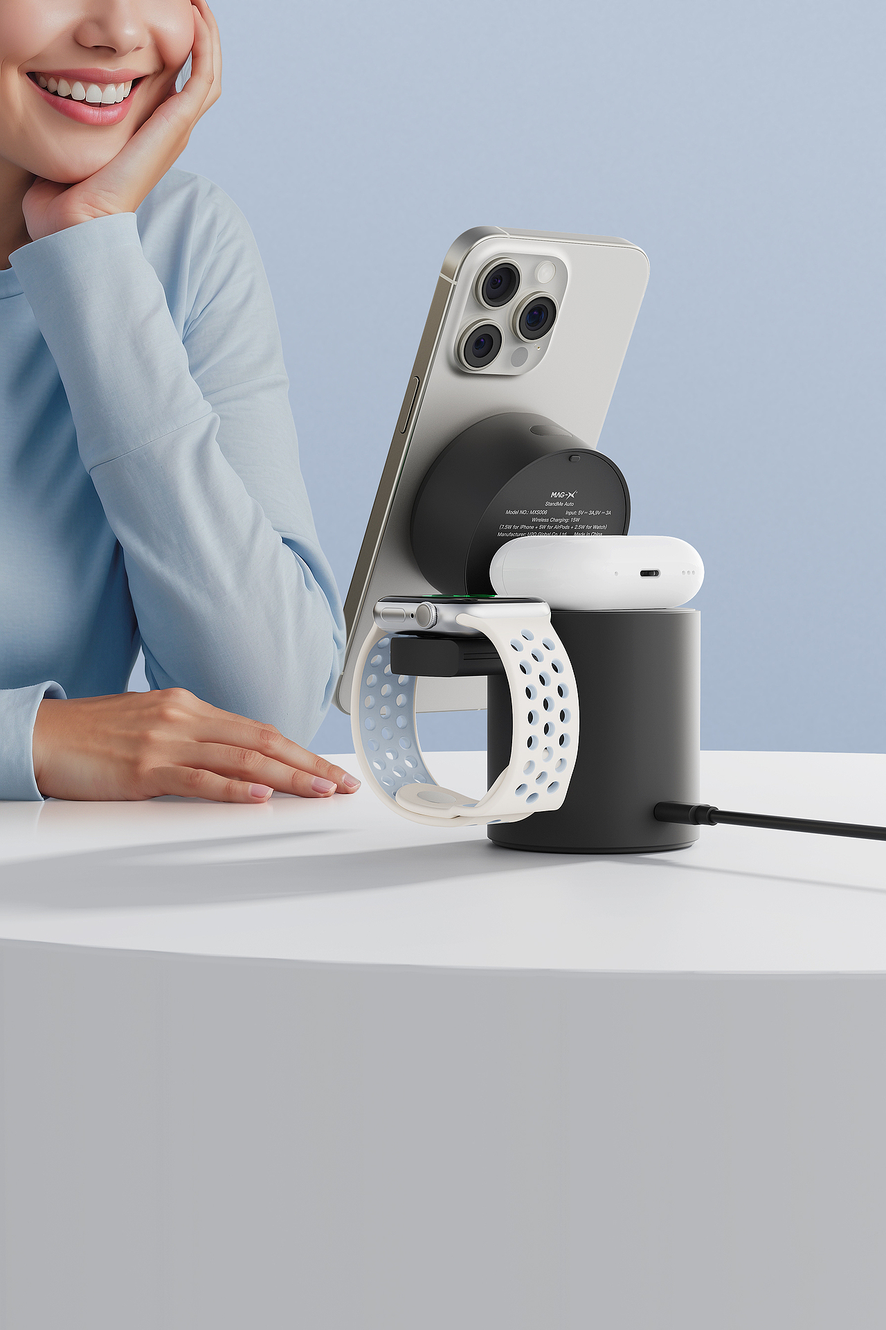 自动旋转三合一手机支架,苹果手机手表耳机无线充电器