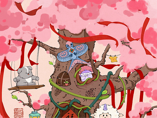 树屋藏春深浅里，猫扑花影醉东风🌸原创国风插画