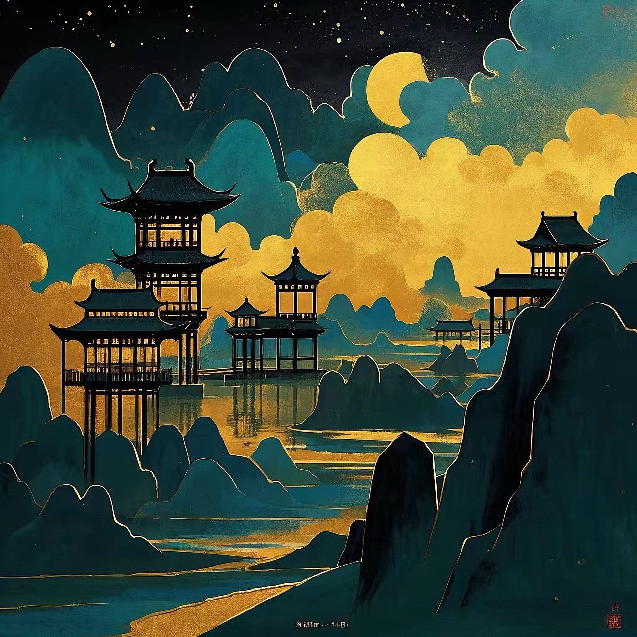 山水画卷｜金箔碧玉下的东方山水画（一）