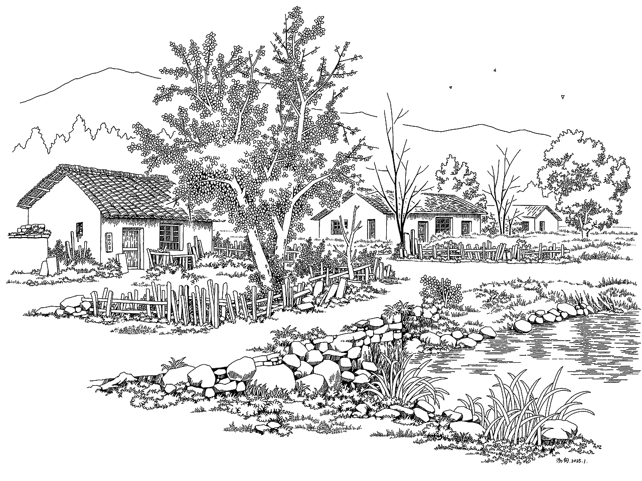 池塘边的篱笆院