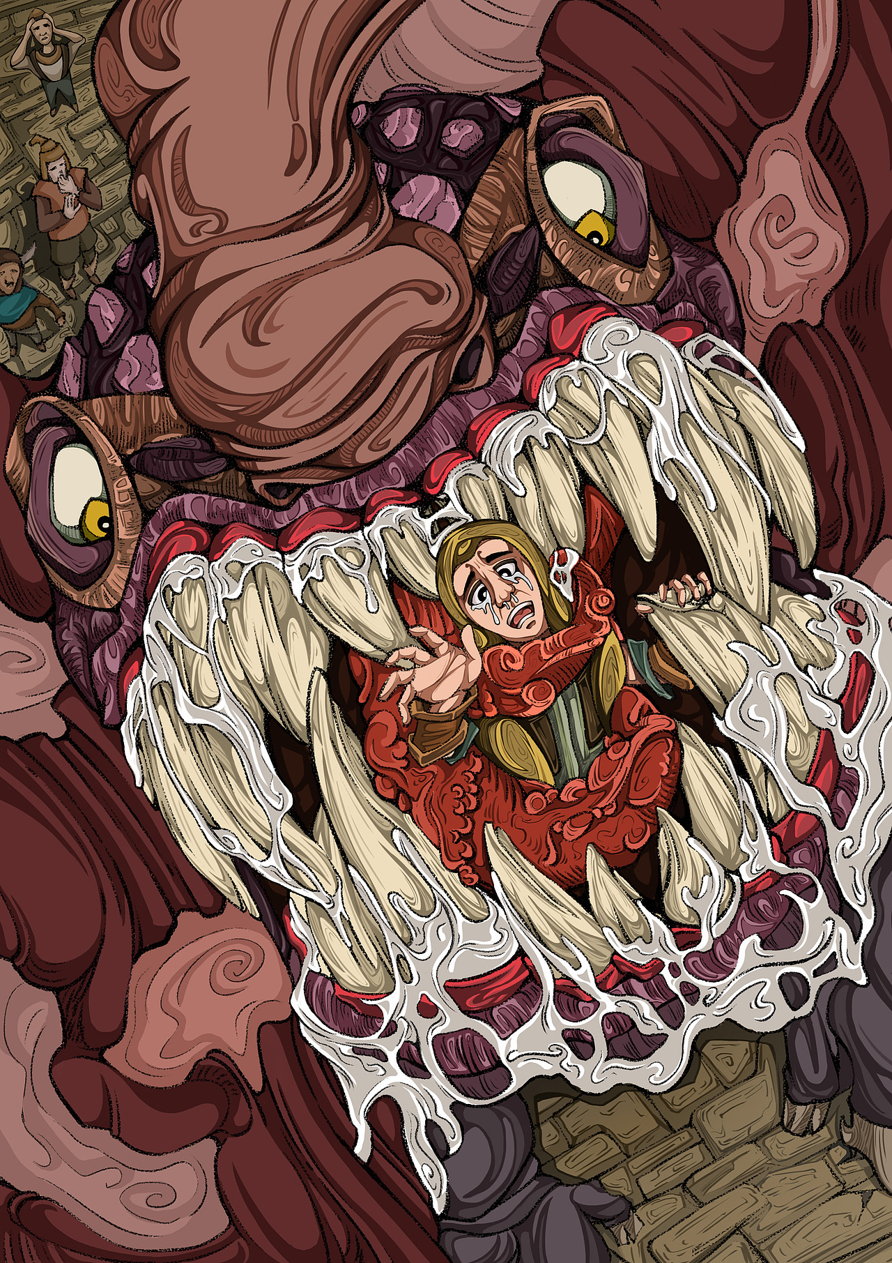 7. 饥饿与第一位牺牲者：巨象因饥饿而狂躁，伸出猩红的舌头吞食了一个年轻人，周围的人虽然恐惧却无动于衷。