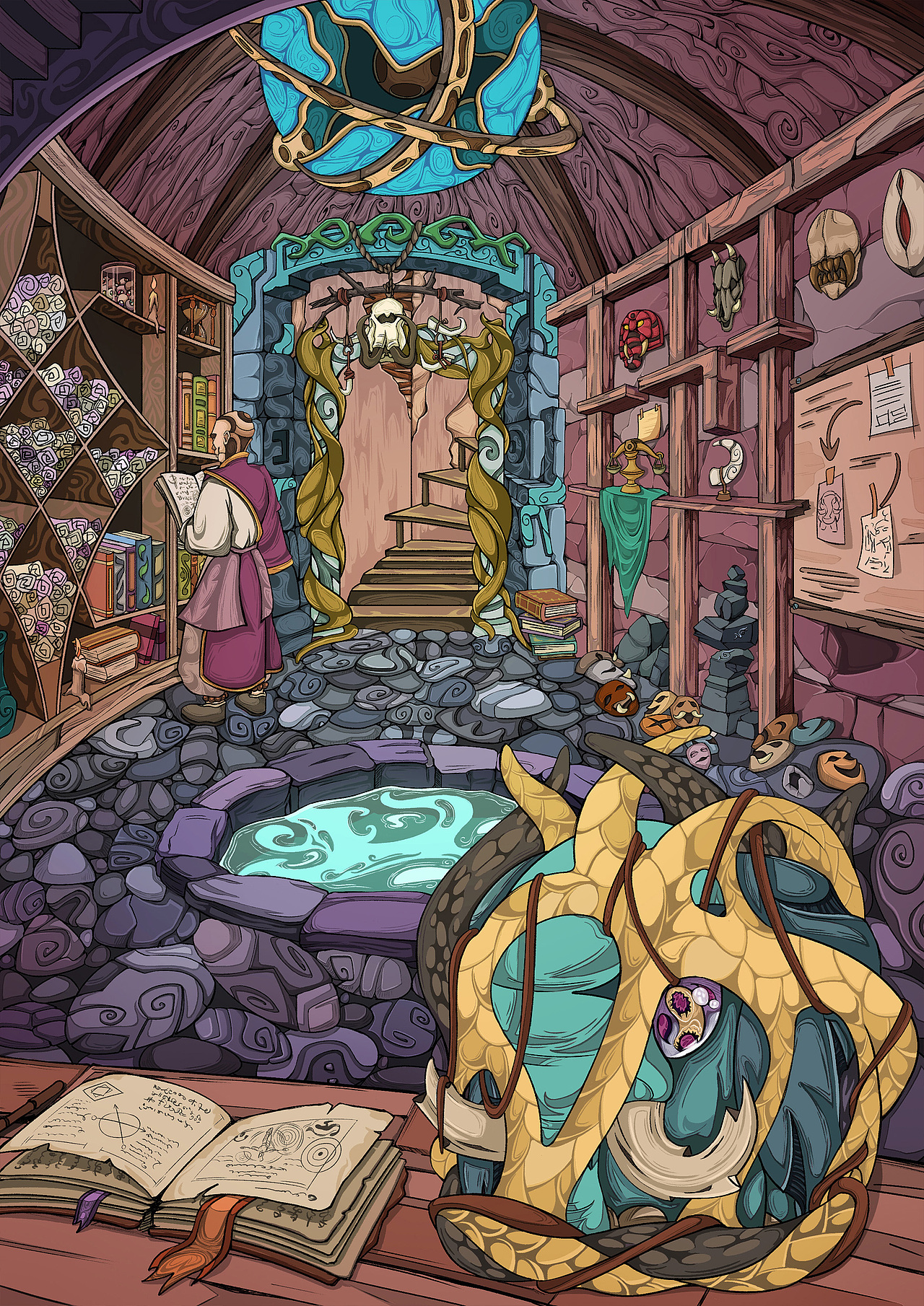 3. 密室中的能量与面具的碎片：古怪的蓝色光球在空中旋转，散发着神秘的力量，而小象被束缚，男子正在准备着一个更大的阴谋。