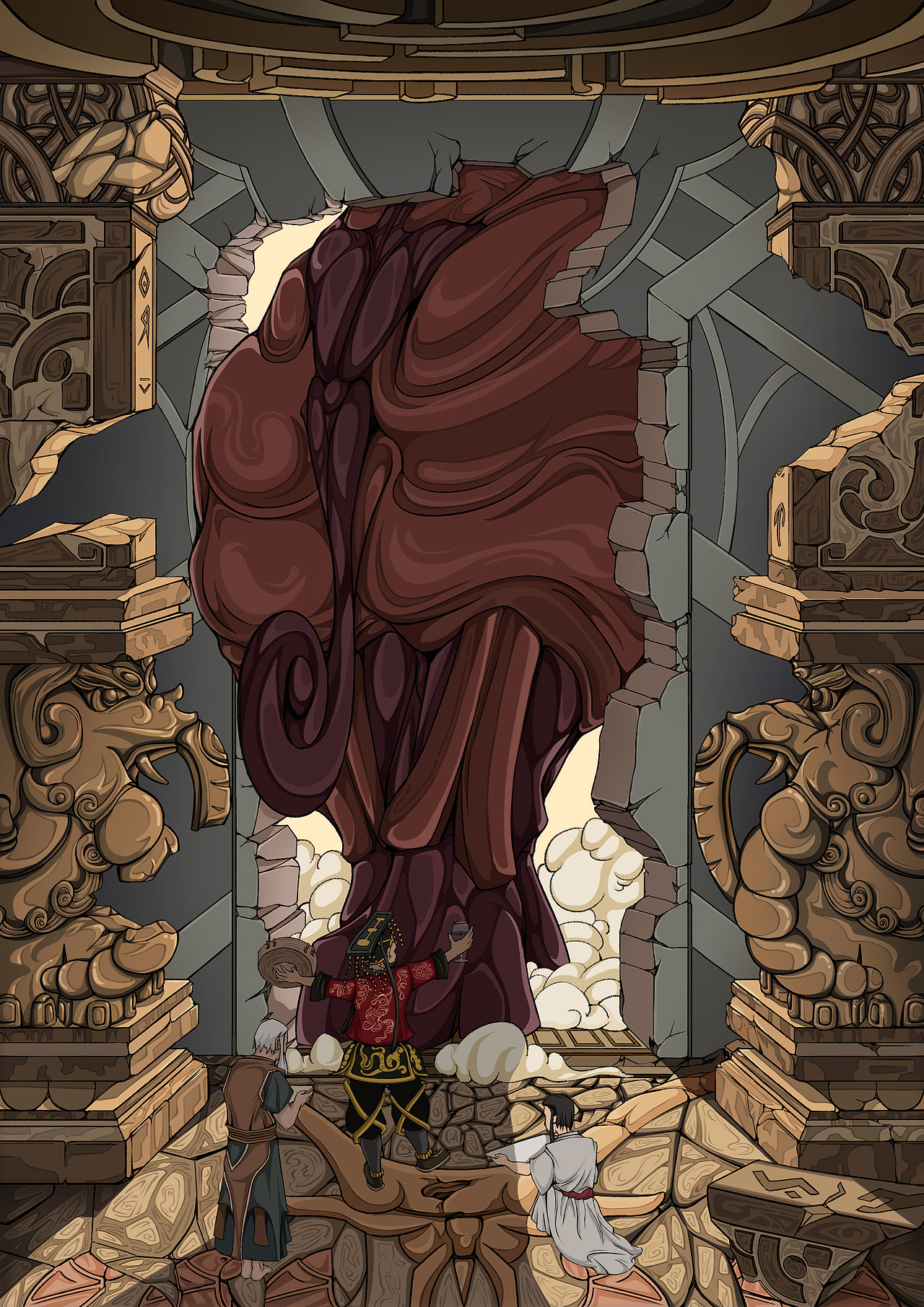 5. 破损宫殿中的男子与巨象的突破：男子身着帝皇般的服饰，满意地看着他的巨象冲破宫殿的墙壁，奔向世界，象征着毁灭即将降临。