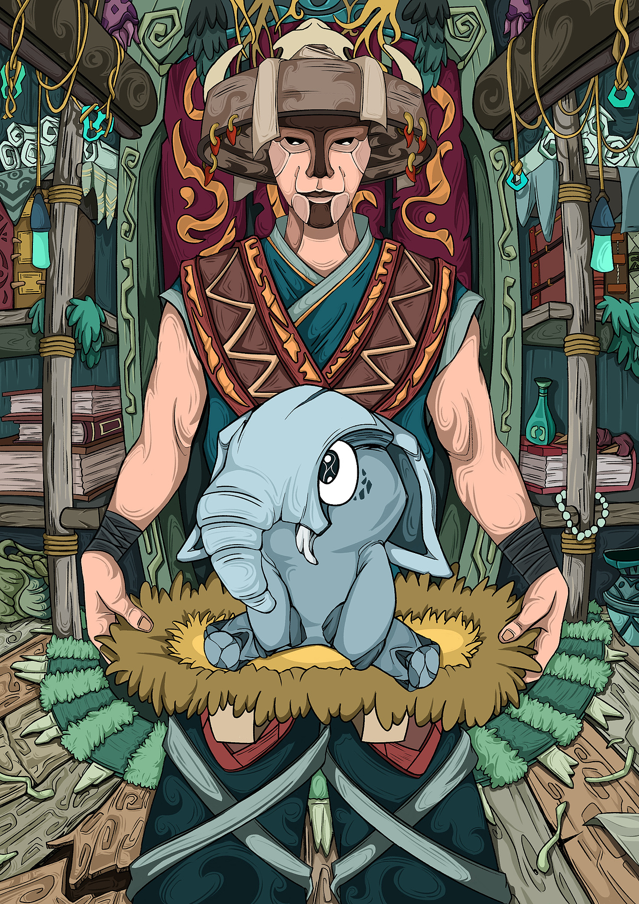 2. 神秘的木屋与阴谋的孕育：男子走入充满古怪物品与卷轴的木屋，带着一种诡异的笑容，似乎在操控着某种未知的力量。