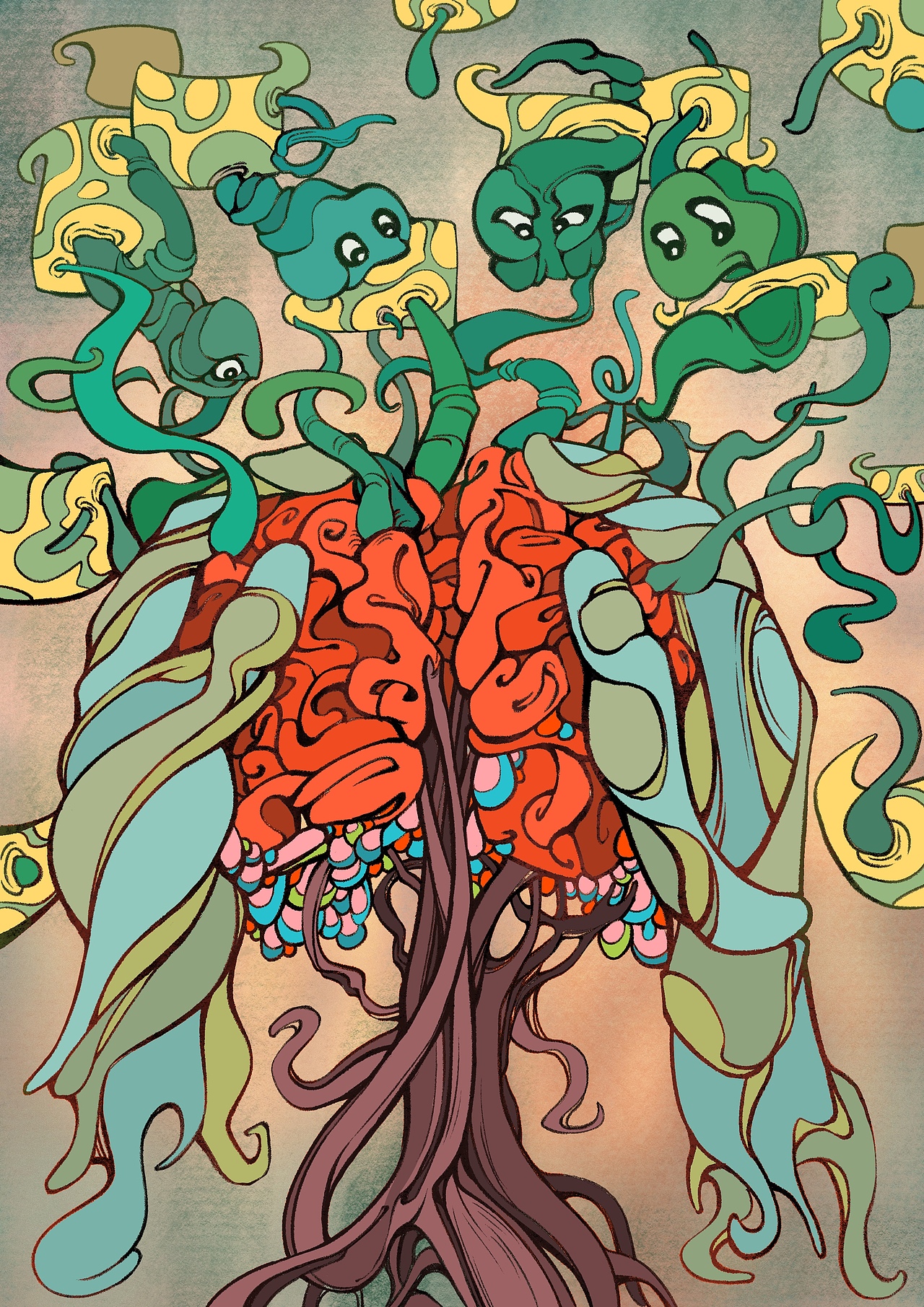 数字绘画创作：网络信息渗透进入大脑，刺激这大脑分泌多巴胺，同时也紊乱着正常的思维（左右脑）