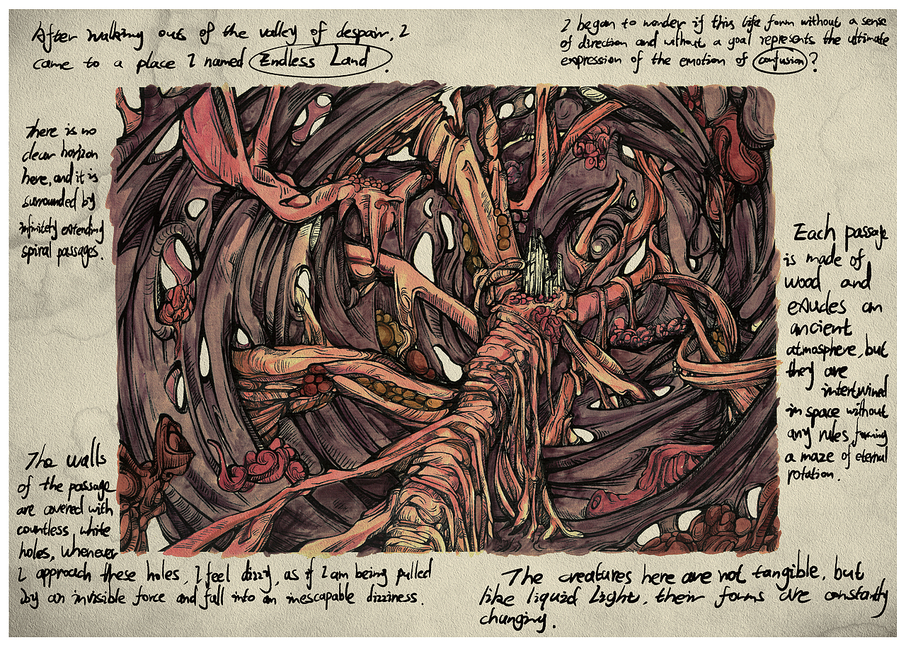 走出绝望之谷,我来到了一个名为“无尽之地”的地方。这里没有明确的地平线,四周充满了无限延伸的螺旋通道。每条通道都由木材构成,散发出古老的气息,然而它们在空间中毫无规律地交错,形成了一个永恒旋转的迷宫。没有上下之分,通道的尽头似乎永远无法到达。