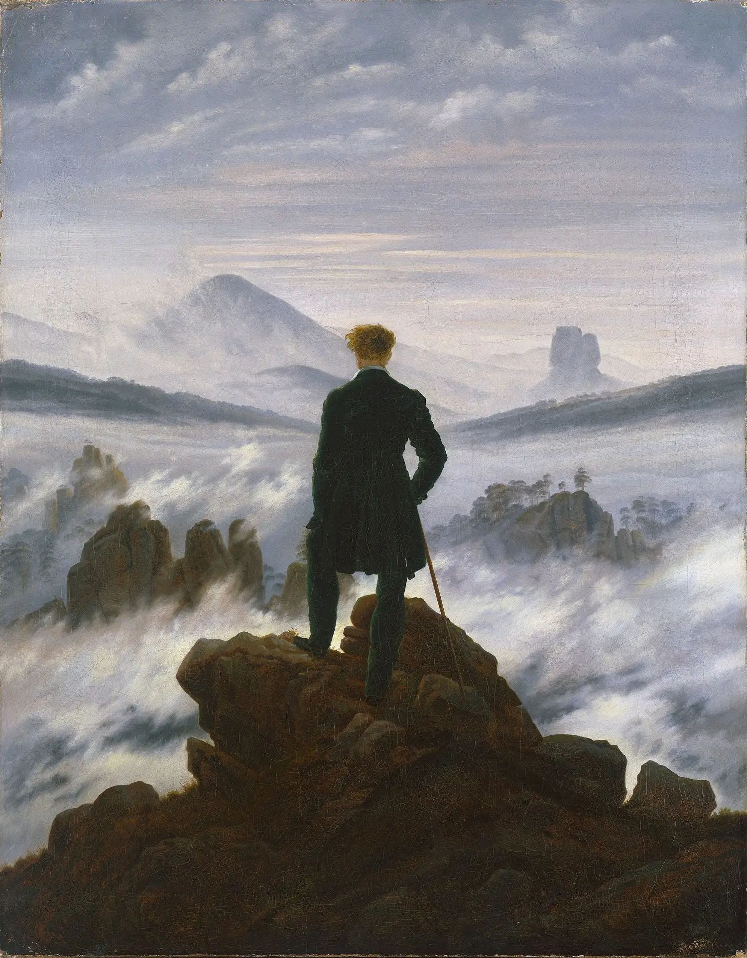 《雾海上的旅人》（Wanderer above the Sea of Fog），Caspar David Friedrich，约1817年，布面油画