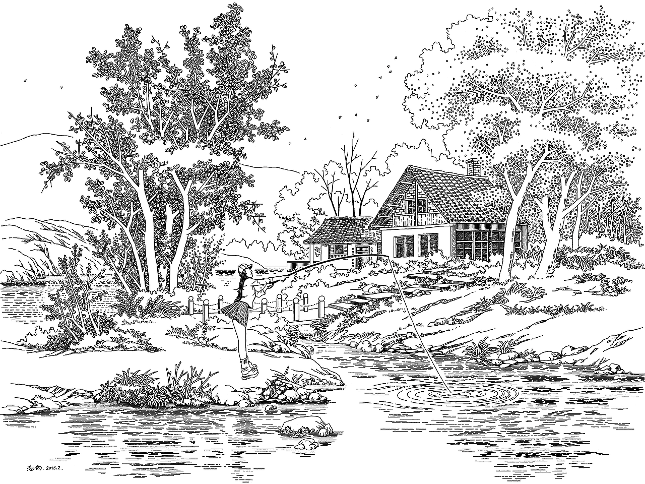 学习钓鱼的女孩