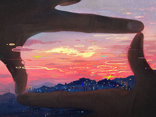 中国画梅花和夕阳夜景的美