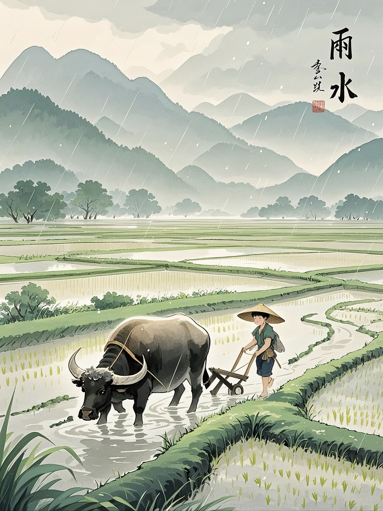 雨水节气插画海报