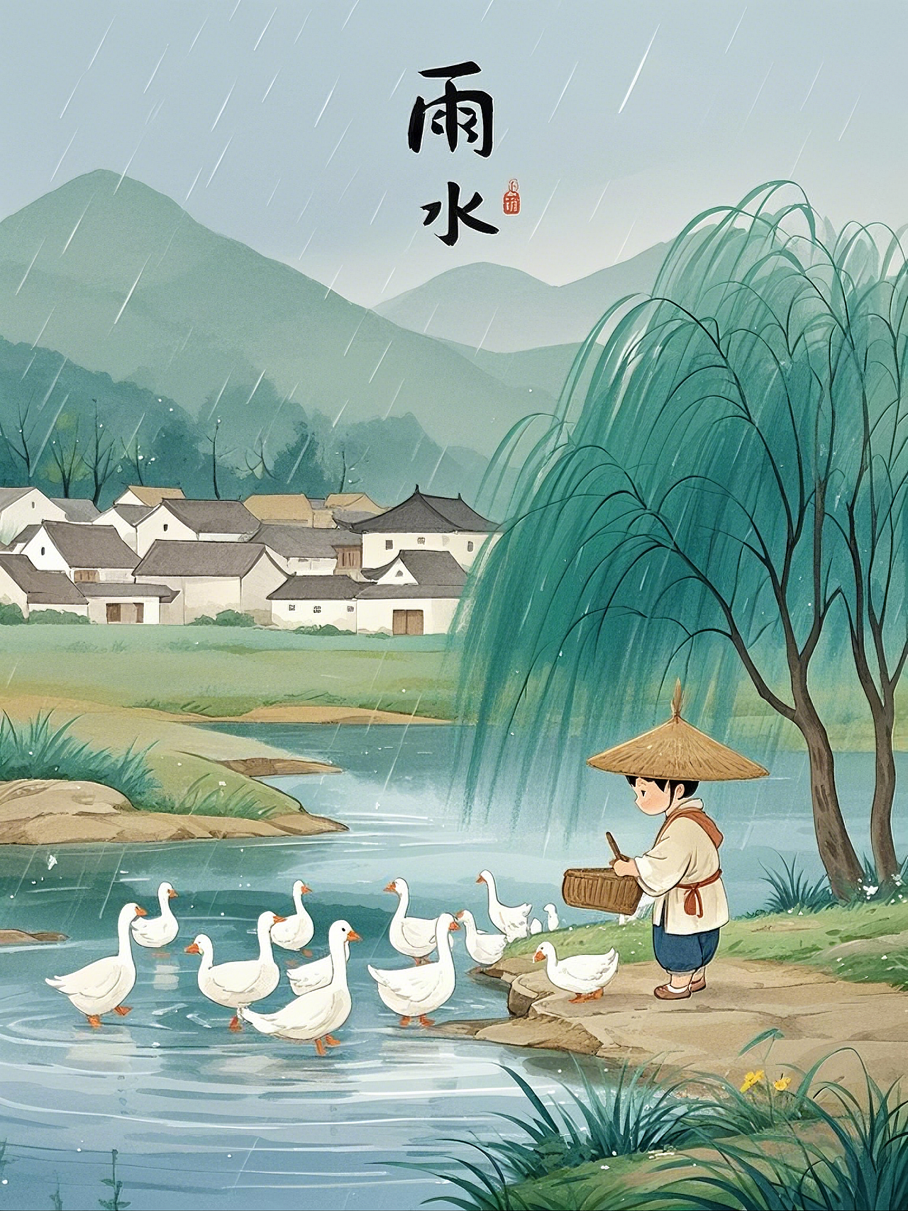 雨水节气插画海报