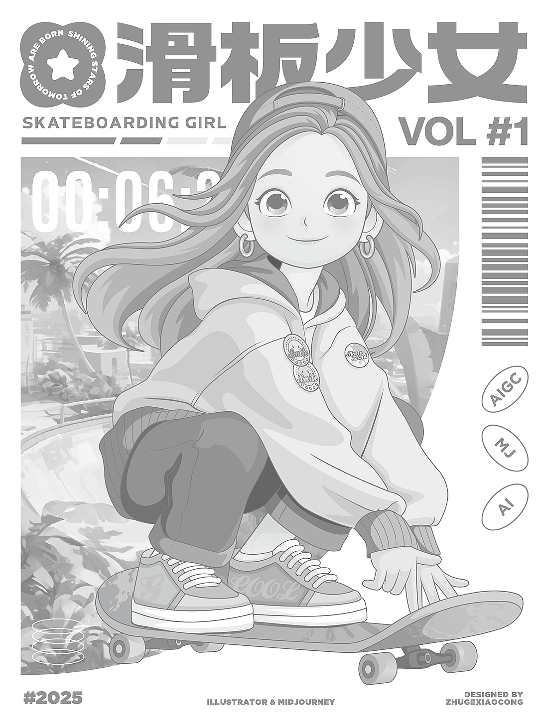 矢量滑板少女海报