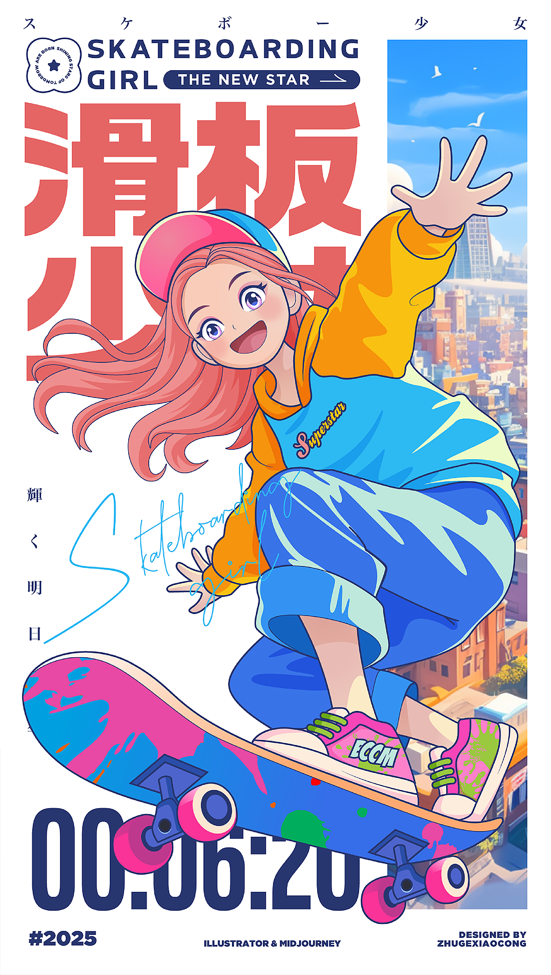 矢量滑板少女海报