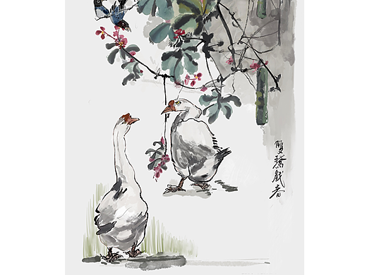 双鹅戏春（个人主页-ZNzEzOTE5MzI=） - 新锐潮流插画 - 站酷设计师淡蓝色的风筝原创素材 - 站酷ZCOOL