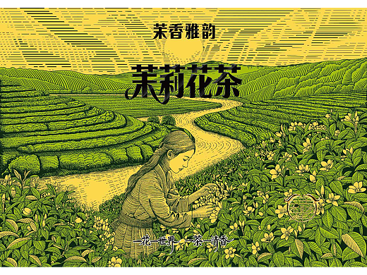 茉莉花茶包装插画设计/茶叶包装礼盒/版画