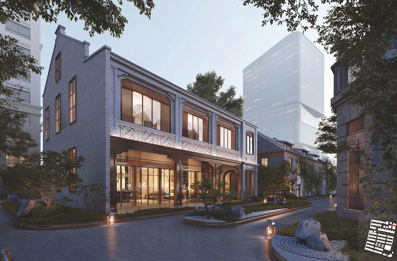 上海虹口区融创仁恒浙兴里红砖别墅商业街SU模型下载