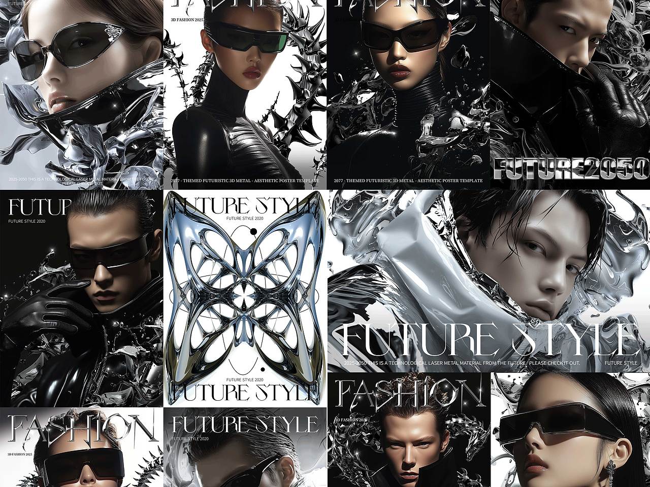 2025未来暗黑Y3K高级酸性3D金属AICG摄影合成海报设计