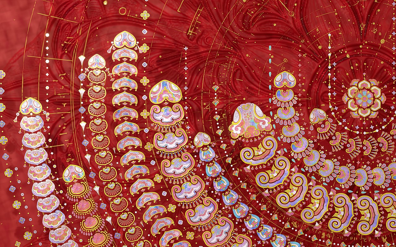 【如何归一】
<br>一朵涵盖各类变化的巨大宝相花,有许多轮次,把每一轮花瓣进行90°旋转,再加上蛇头,即变成一条条吉祥的蛇形形象。<br><br>这样得来的蛇形即具备宝相花所象征的吉祥,同时也象征着中华大地上的各个民族、历史长河里的各种文化审美,都汇聚到一起,成为中华民族美术的一部分。