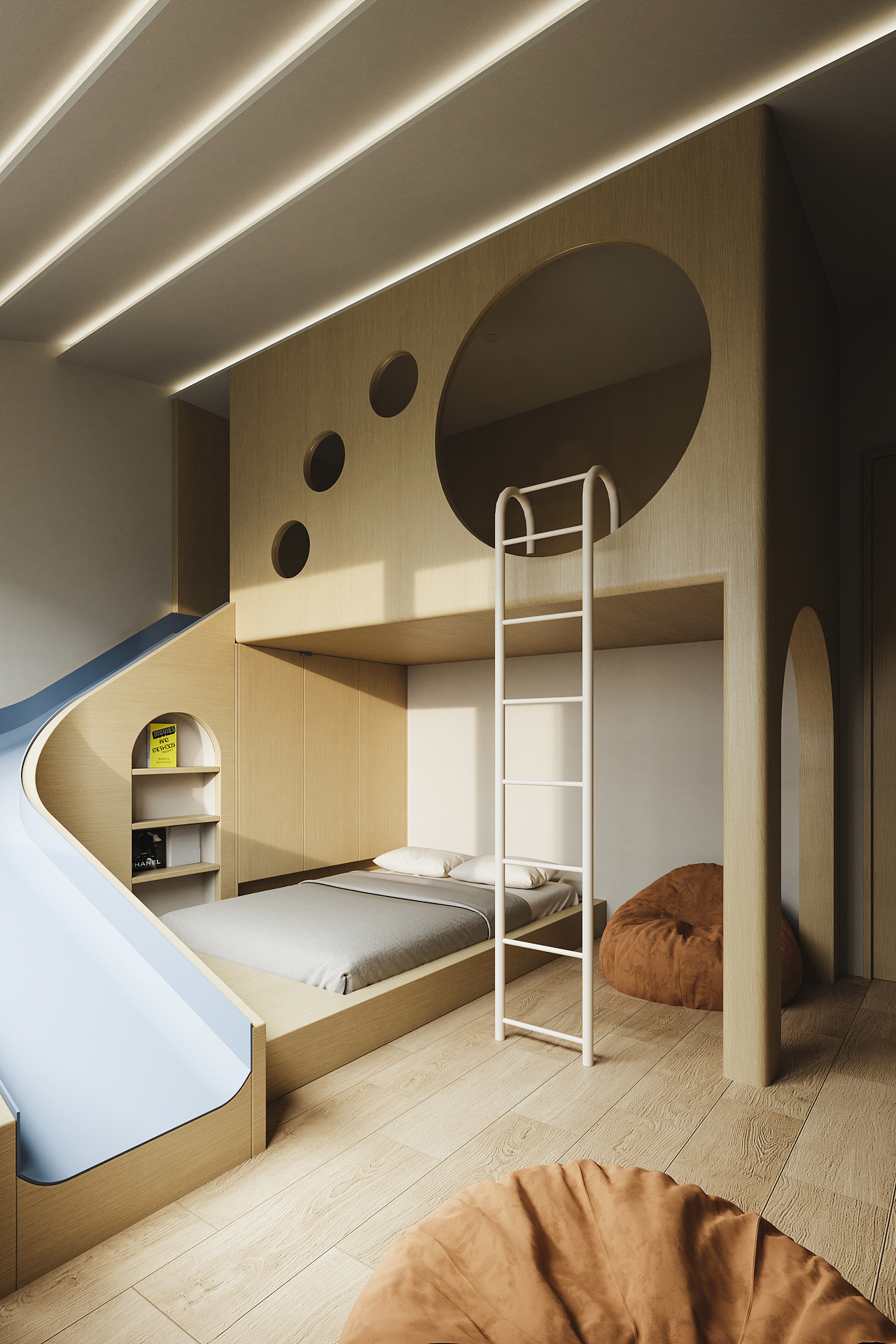 原木滑梯如枝蔓盘旋而上,淡青蓝软垫托起童梦飞扬
三颗圆窗串起光之隧道,钻入云端大圆窗开启森林奇遇