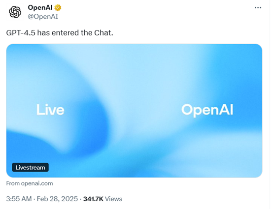 OpenAI发布GPT-4.5：功能非常特殊，推理很贵