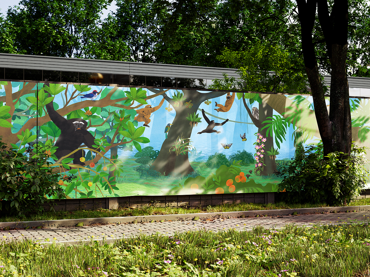 天行长臂猿生境科普插画