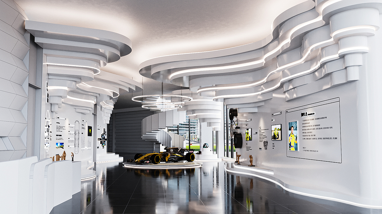 空间布局流畅开阔，通过简洁的线条和光影效果营造出富有现代感和科技感的氛围，同时注重展品的展示效果，利用中心陈列和墙面展示相结合的方式，引导参观者的视线。