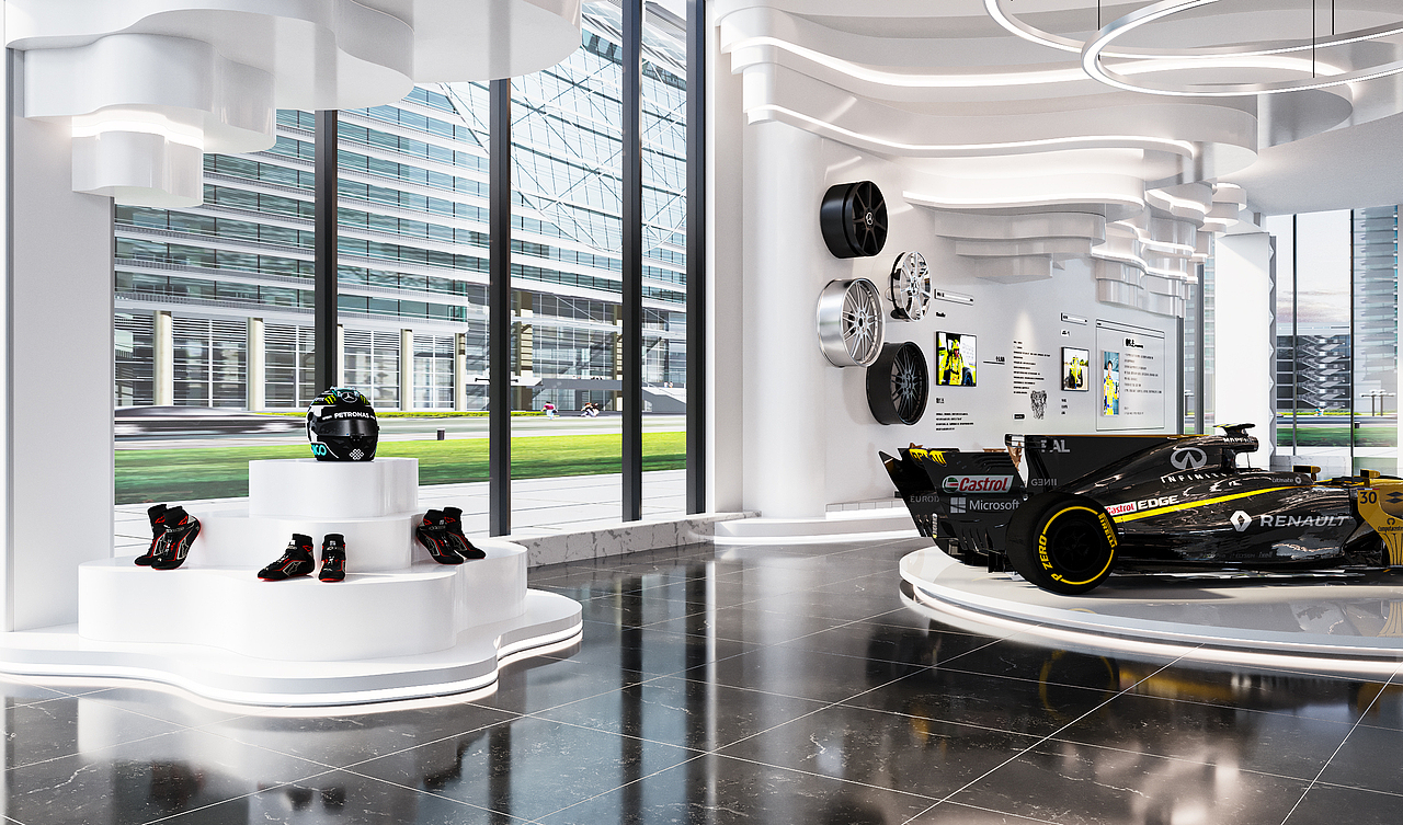 运用了大量的曲线和弧线元素，如天花板的造型、墙面的轮廓等，赋予空间动感和流动感；