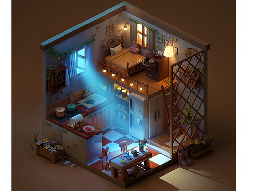 C4D| 夜晚照进月光的小房子