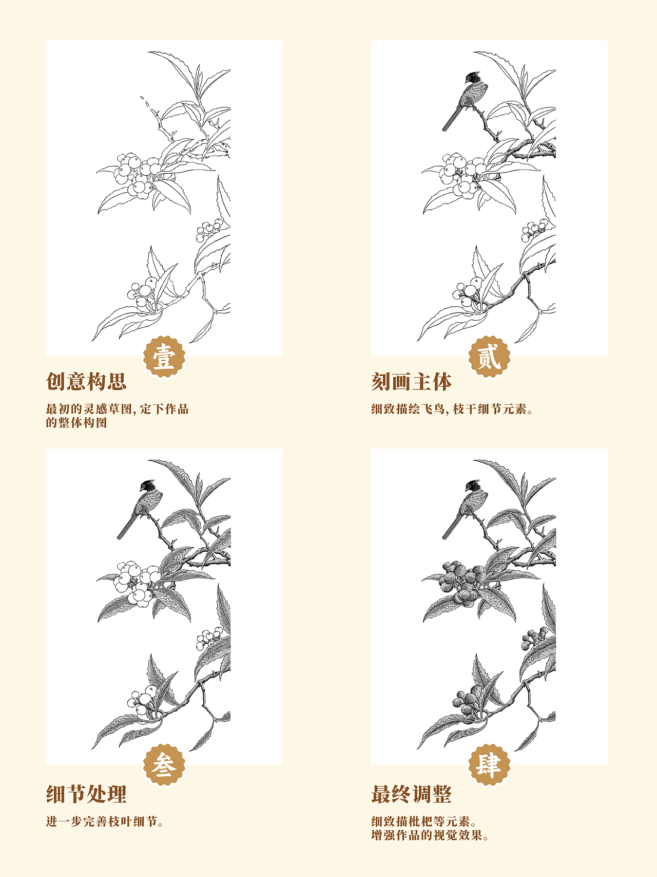 复刻插画|枇杷珍禽图版画版