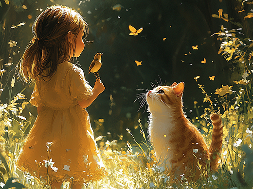 早春小女孩与猫和小鸟
