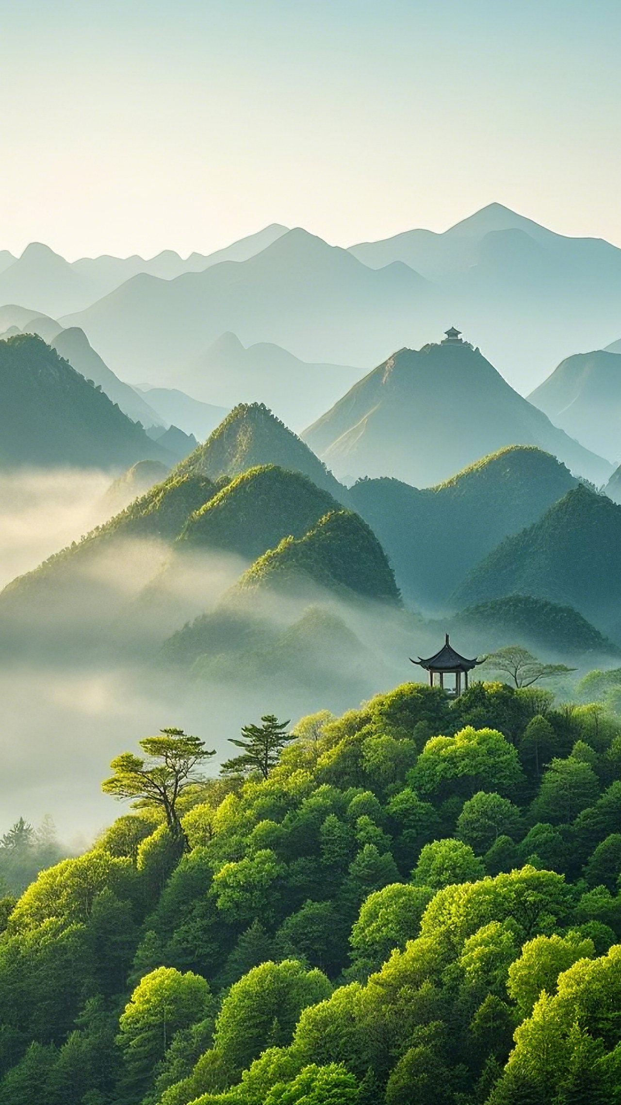 春日山水风光、山峦春景、繁花河畔、春雾缭绕、古风春（图ZMzg2OTk0Mzky） - AI作品 - 站酷设计师冲破苍穹原创素材 - 站酷ZCOOL