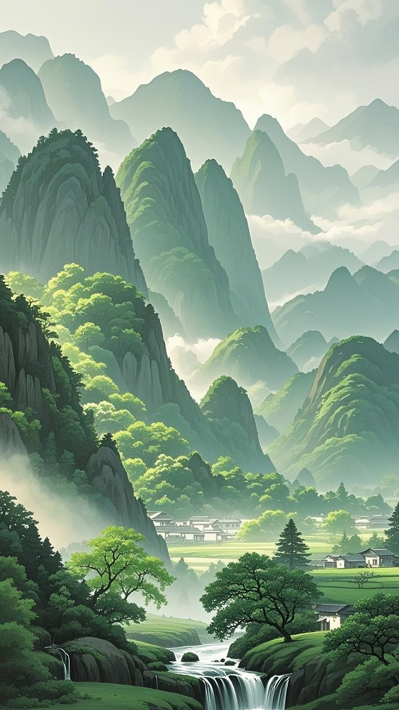 春日山水风光、山峦春景、繁花河畔、春雾缭绕、古风春（图ZMzg2OTk0NDIw） - AI作品 - 站酷设计师冲破苍穹原创素材 - 站酷ZCOOL