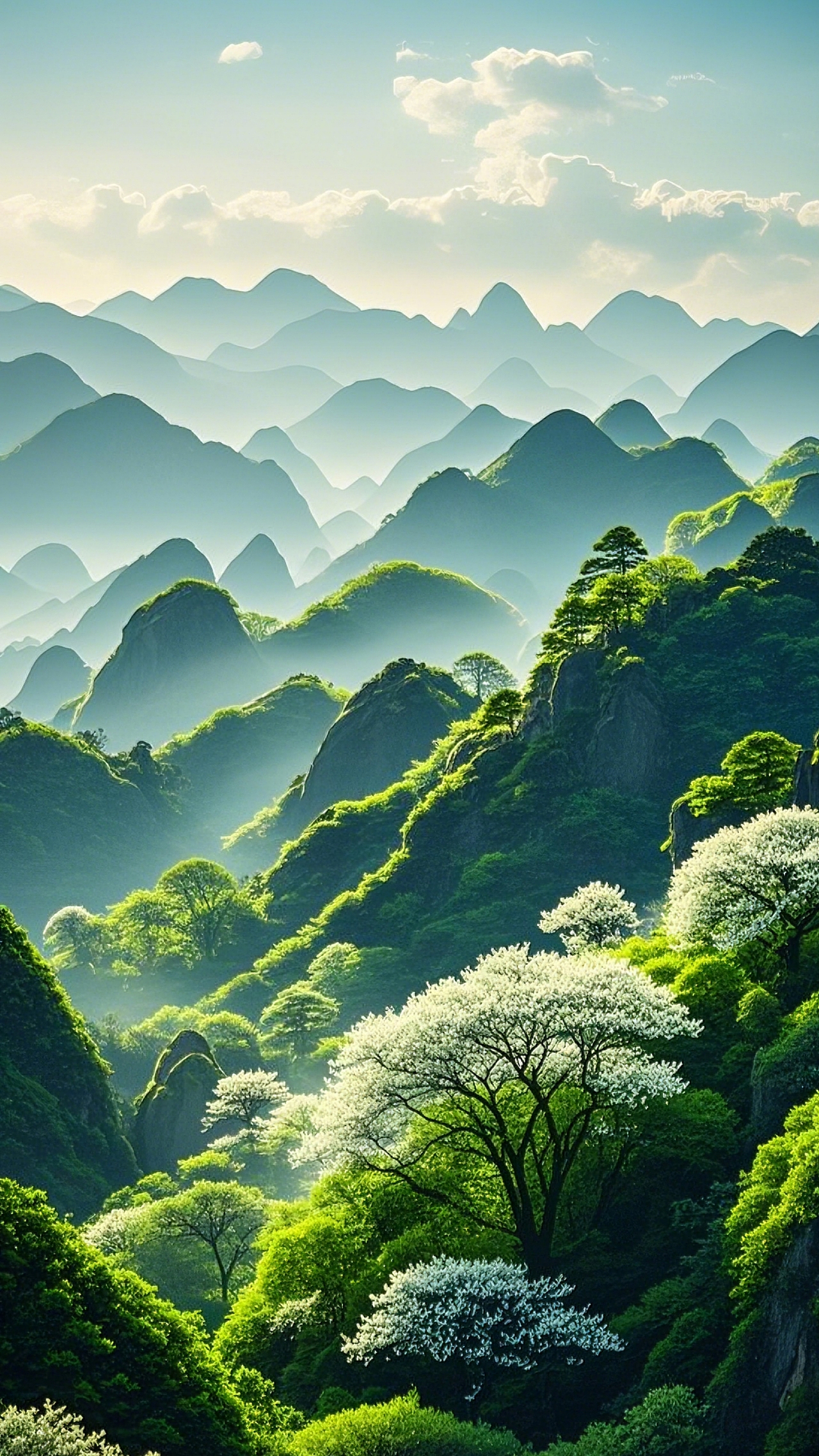 春日山水风光、山峦春景、繁花河畔、春雾缭绕、古风春（图ZMzg2OTk0NDQ4） - AI作品 - 站酷设计师冲破苍穹原创素材 - 站酷ZCOOL