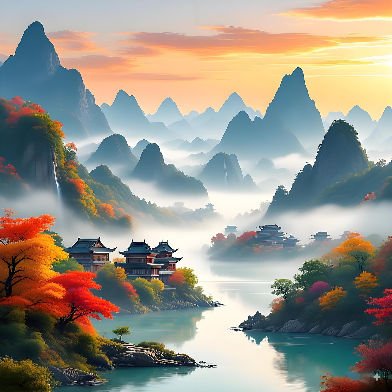 秋意山水间，古韵入画来（图ZMzg3MjA0MDAw） - AI作品 - 站酷设计师Z758154674原创素材 - 站酷ZCOOL