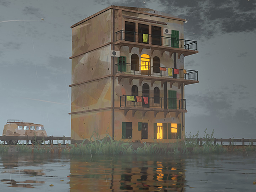 河边废弃小楼（下雨）-blender风格化场景练习