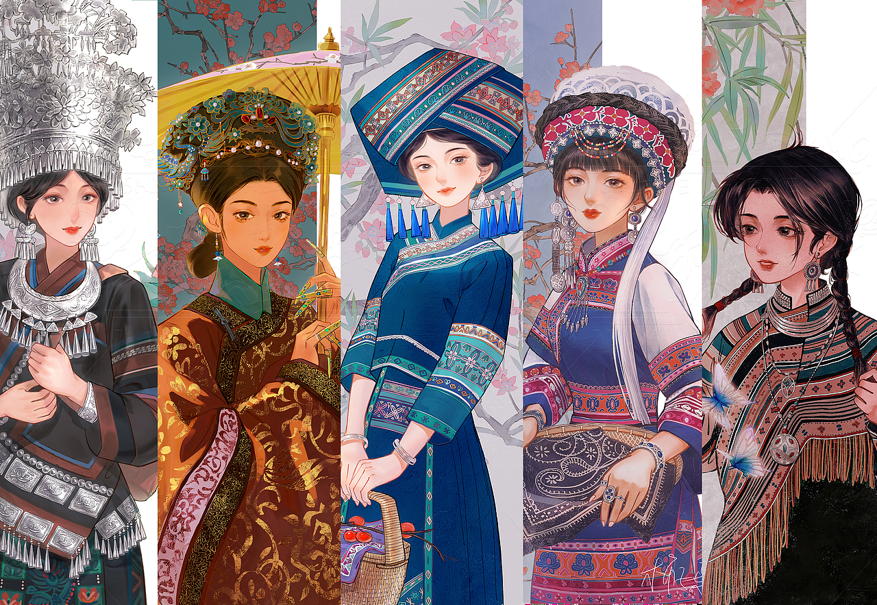 【中华民族系列插画】身穿民族服饰的女孩（图ZMzg3NDQ3MDM2） - 艺术插画 - 站酷设计师柿子葉原创素材 - 站酷ZCOOL