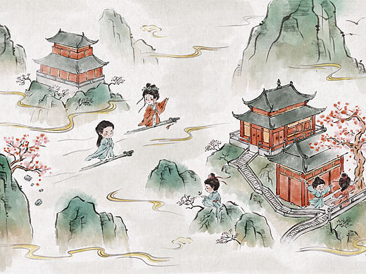 仙侠类水墨场景插画