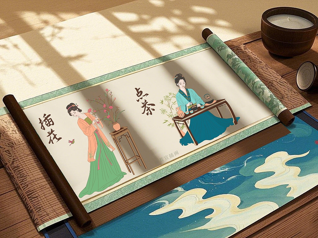 宋时四雅 套色印章 卡片 书签 工笔画插画设计