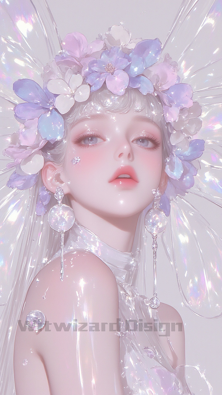 紫白繁花在发间绽放，织就精灵的梦幻冠冕，透明羽翼流转着细碎光晕。她轻闭双眸，泪痕垂落，似将星辰的遗憾藏于眼底。光泽漫过肌肤与衣饰，每一处闪耀都诉说着：在空灵幻境里，美与哀愁悄然共生，落成触动心弦的诗意瞬间。