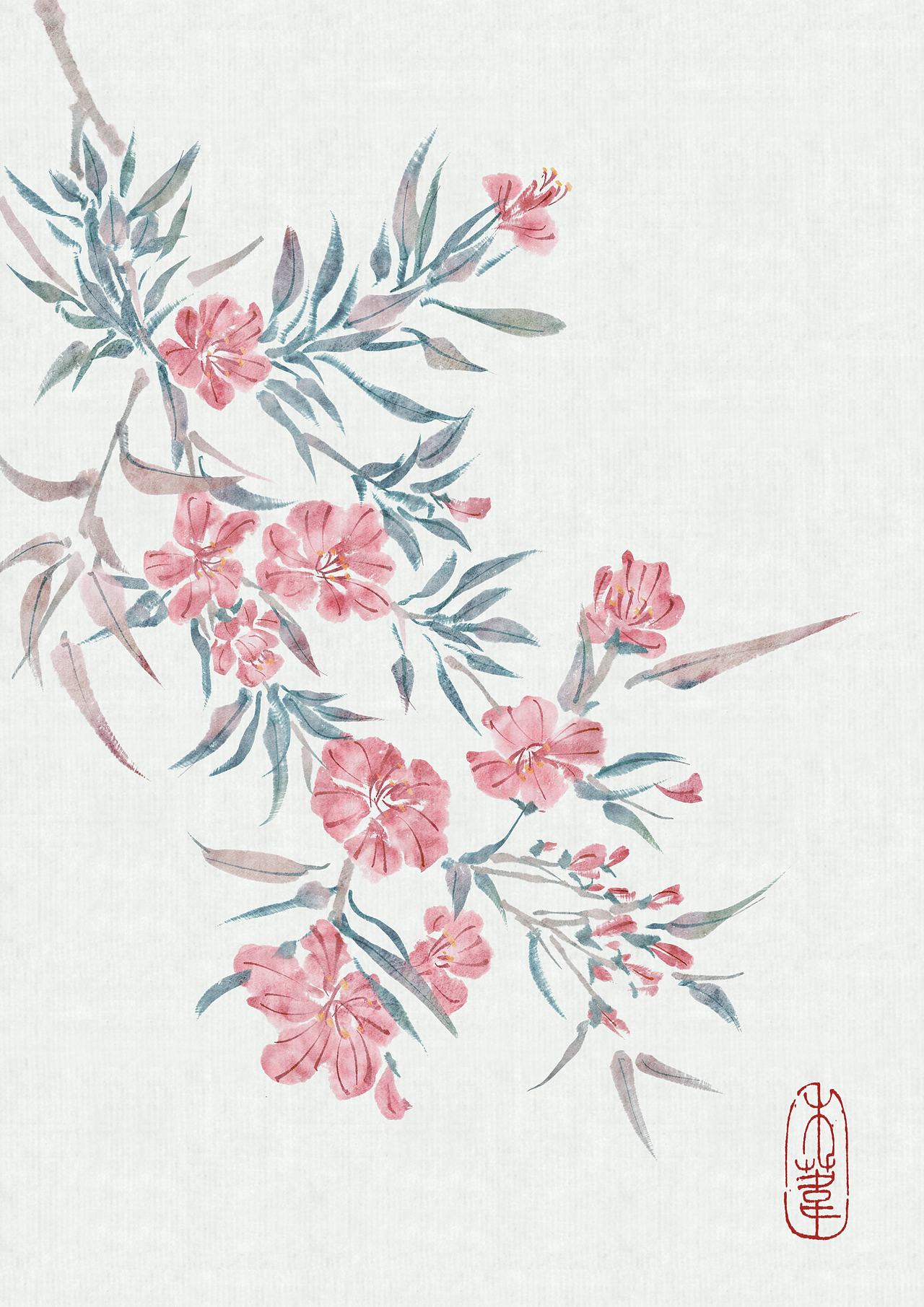 水墨夹竹桃（图ZMzg3Njc5NzQw） - 商业插画 - 站酷设计师禾苇原创素材 - 站酷ZCOOL