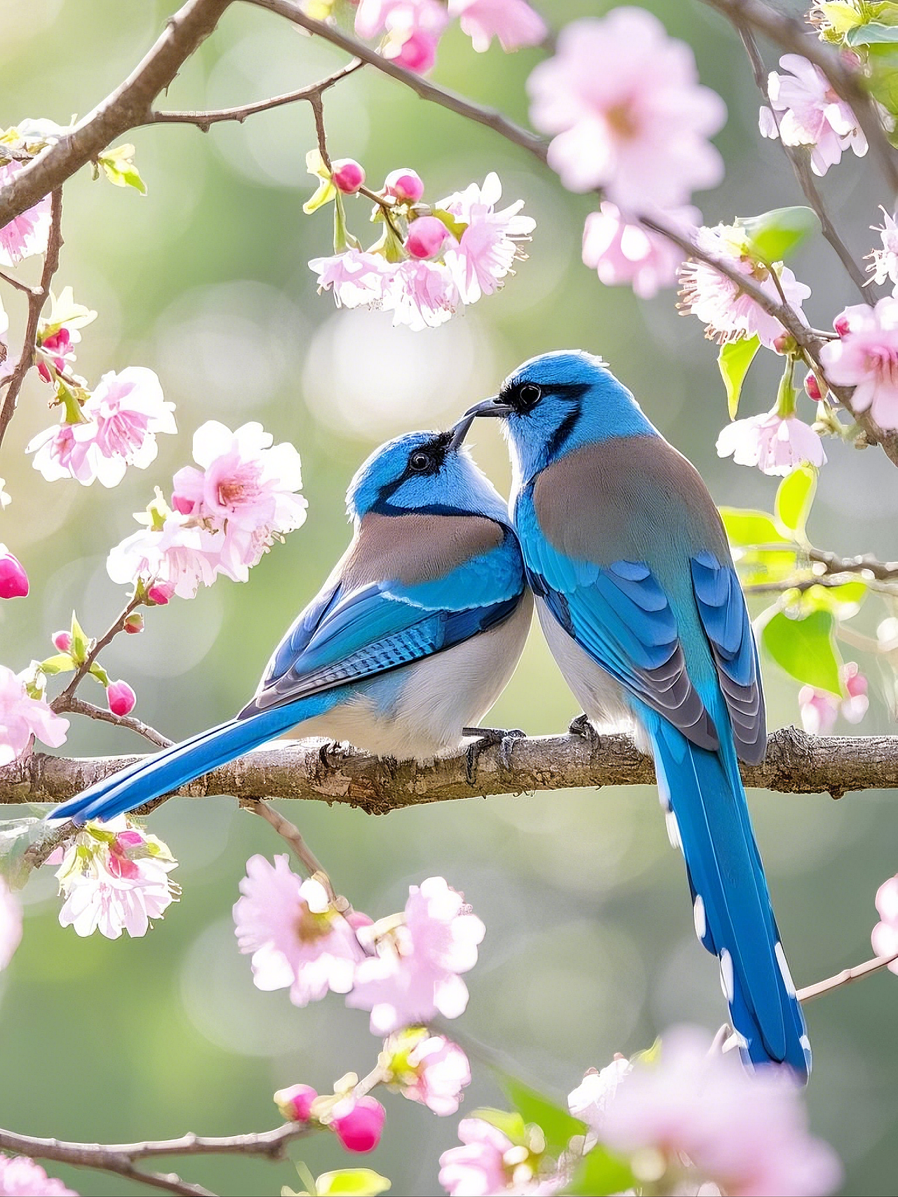 蓝羽翩跹春树枝,和鸣共舞意迟迟