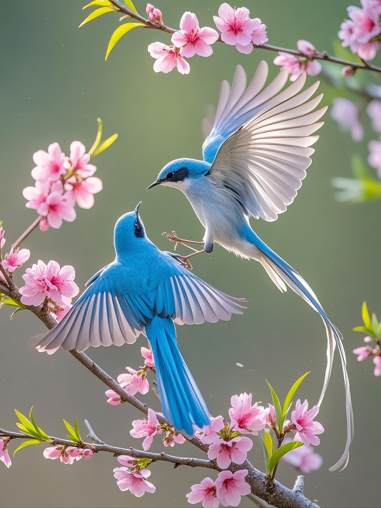 蓝羽翩跹春树枝,和鸣共舞意迟迟