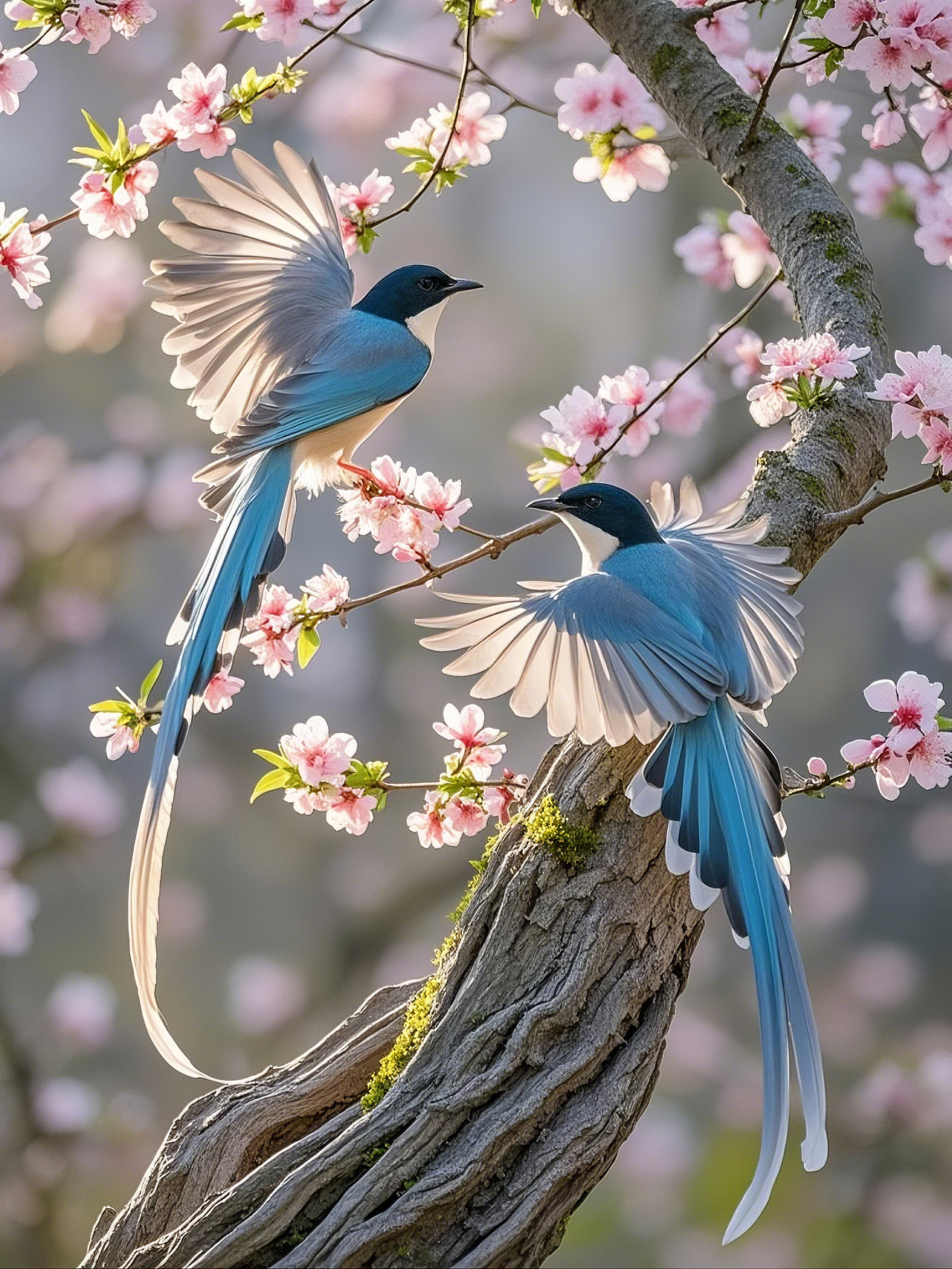 蓝羽翩跹春树枝,和鸣共舞意迟迟