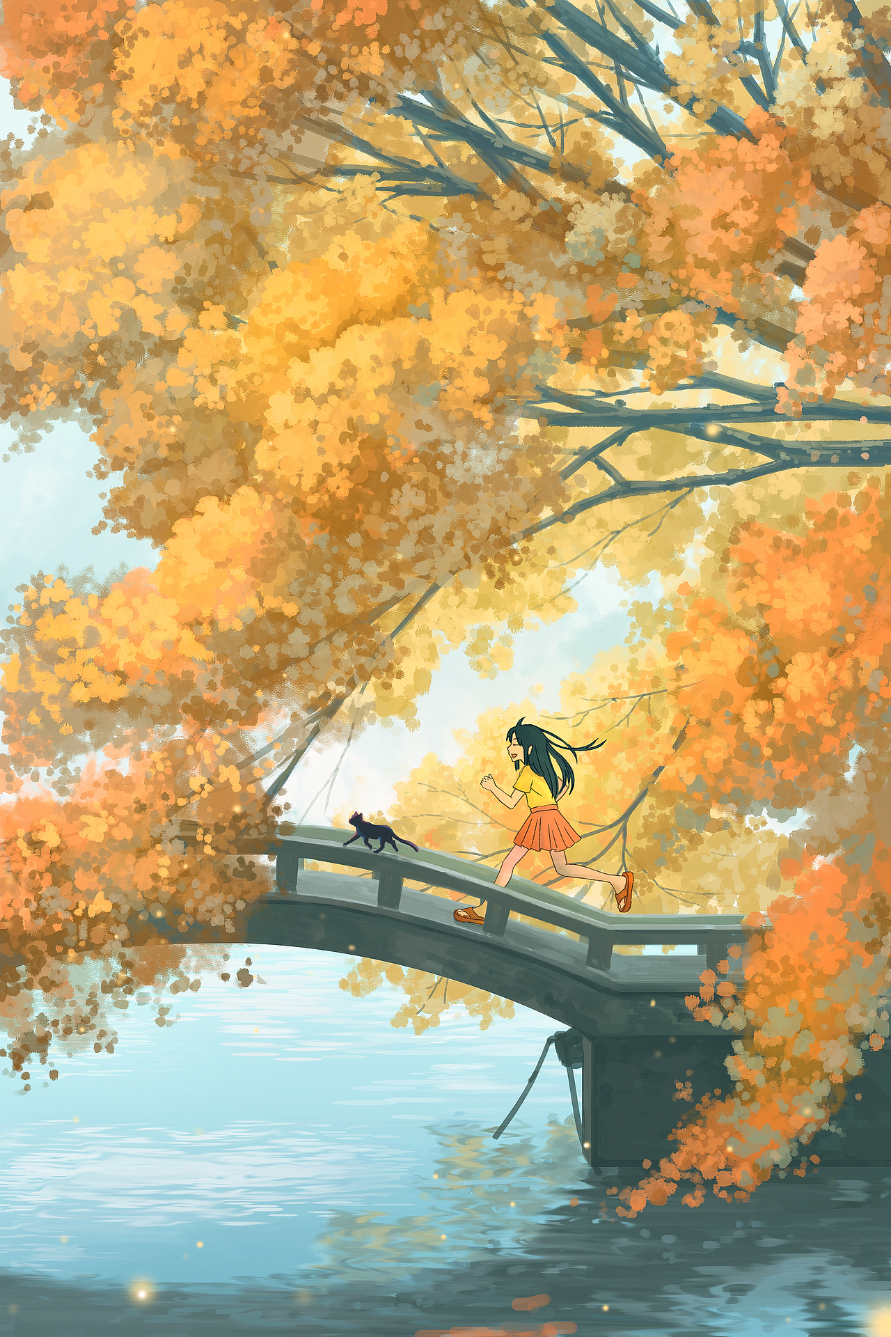 清晨的阳光洒在古朴的小桥上,女孩欢快地奔跑着,