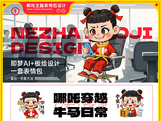 哪吒系列表情包设计制作(AI+手绘创作）