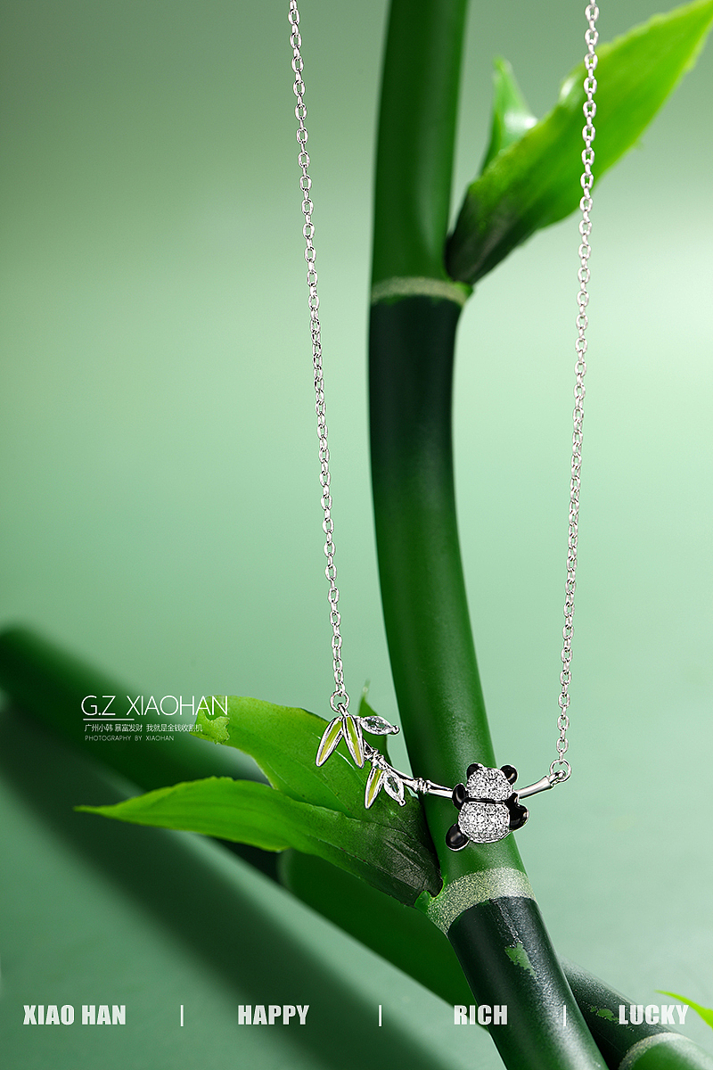 电商饰品拍摄 熊猫套装 熊猫项链 耳钉