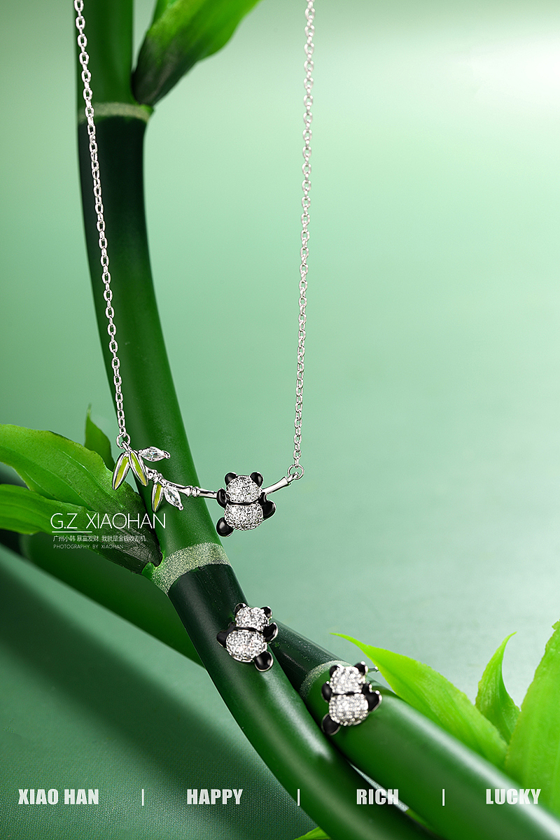 电商饰品拍摄 熊猫套装 熊猫项链 耳钉