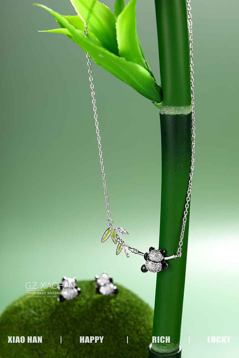 电商饰品拍摄 熊猫套装 熊猫项链 耳钉